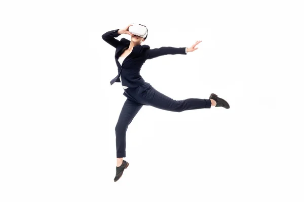 Young Businesswoman Dancing While Using Virtual Reality Headset Isolated White — Stock Photo, Image