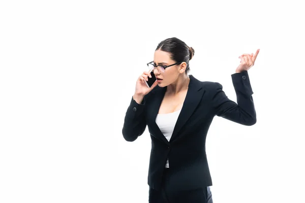 Displeased Businesswoman Gesturing While Talking Smartphone Isolated White — Stock Photo, Image