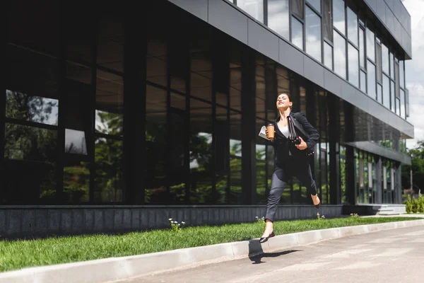 Happy Businesswoman Levitating While Holding Briefcase Coffee — Stock Photo, Image