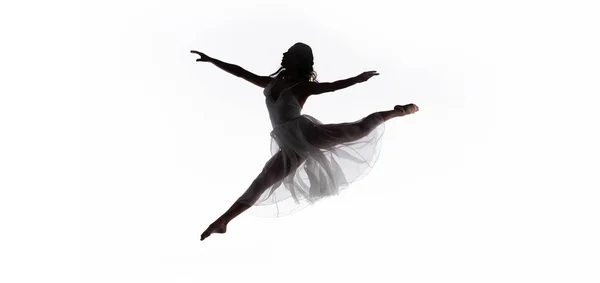 Panoramic Shot Young Graceful Ballerina Jumping While Dancing Isolated White — Stock Photo, Image