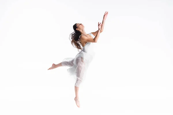 优雅的芭蕾舞女郎在白色礼服跳舞孤立在白色 — 图库照片