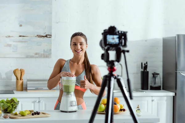 Selective Focus Cheerful Girl Showing Thumb Smoothie Blender Digital Camera — Stock Photo, Image