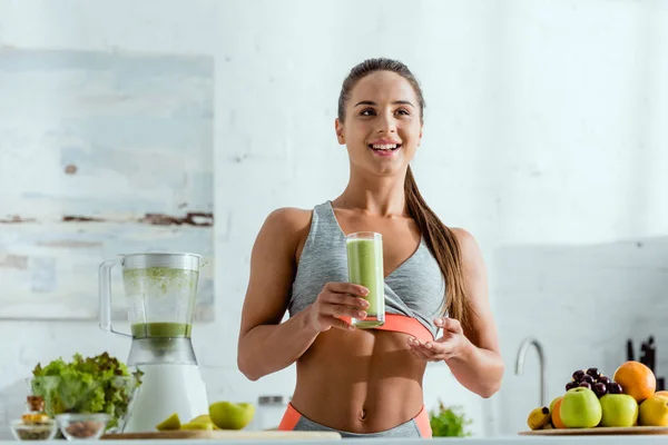 Selective Focus Happy Girl Sportswear Holding Glass Tasty Smoothie — Stock Photo, Image