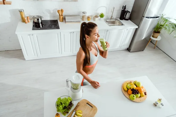 Overhead View Attractive Girl Drinking Tasty Smoothie — Stock Photo, Image