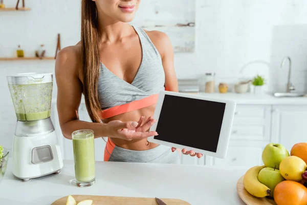 Cropped View Happy Girl Gesturing While Holding Digital Tablet Blank — Stock Photo, Image