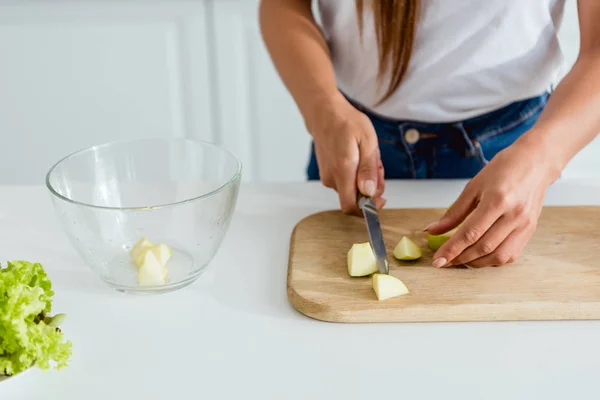 Cropped View Young Woman Cutting Green Apple Chopping Board — Stock Photo, Image