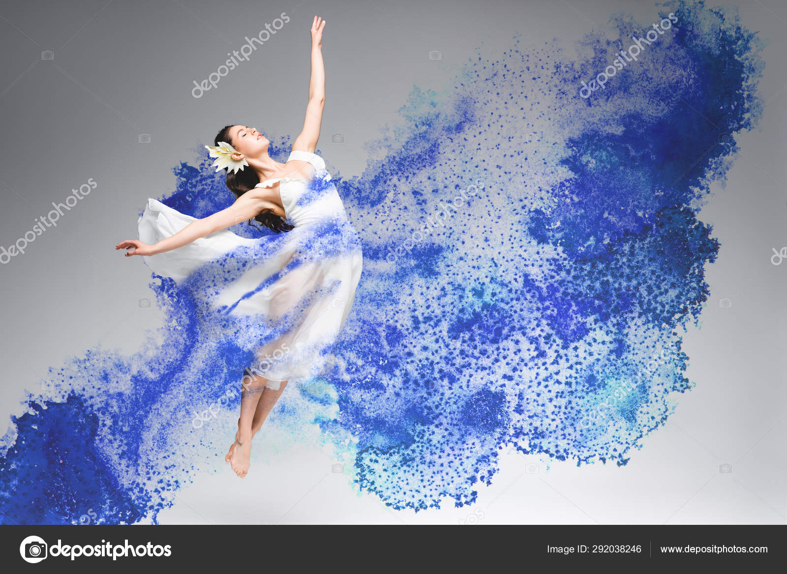 Young Ballerina White Dress Dancing Blue Paint Splashes Grey Background
