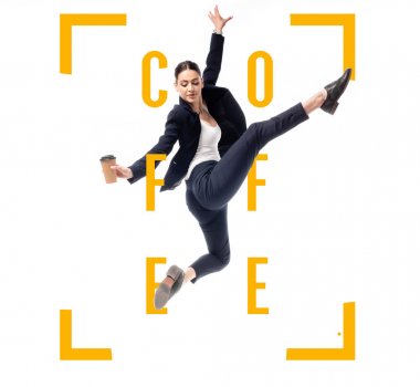 attractive businesswoman holding coffee to go and dancing near coffee word framed with corners isolated on white clipart