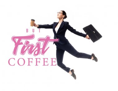 attractive businesswoman holding briefcase and coffee to go while levitating near but first coffee lettering isolated on white clipart