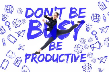 young businesswoman talking on smartphone while levitating on background with dont be busy be productive lettering, and multimedia icons isolated on white clipart
