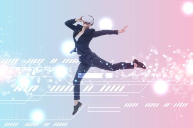 sanal gerçeklik kulaklık iş kadını siber illüstrasyon ile mavi ve pembe degrade arka plan üzerinde levitating