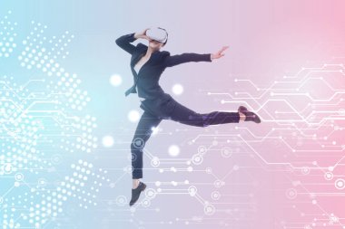 young businesswoman in virtual reality headset levitating on blue and pink gradient background with cyberspace illustration clipart