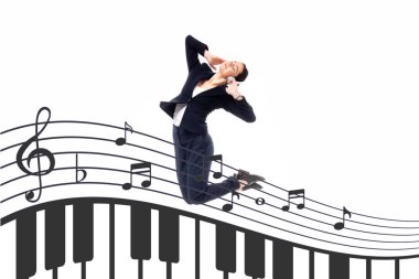 genç iş kadını müzik notaları ve piyano tuşları beyaz izole ile illüstrasyon yakınında dans atlama