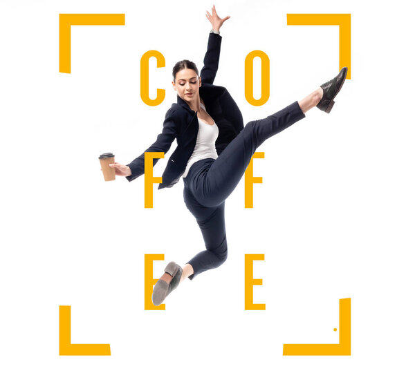attractive businesswoman holding coffee to go and dancing near coffee word framed with corners isolated on white