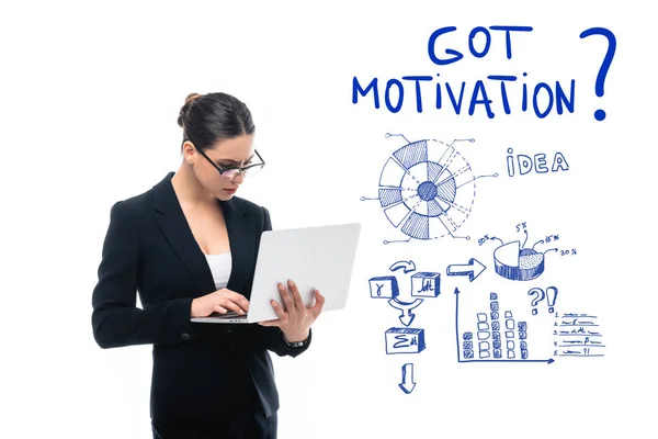 Attentive Businesswoman Using Laptop Got Motivation Question Idea Word Infographics — Stock Photo, Image