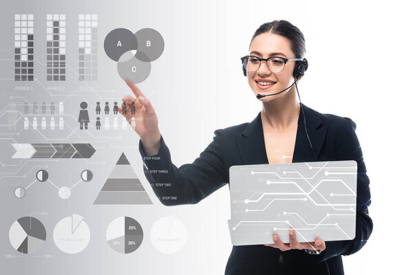 attractive call center operator holding laptop and pointing with finger at infographics on grey and white background