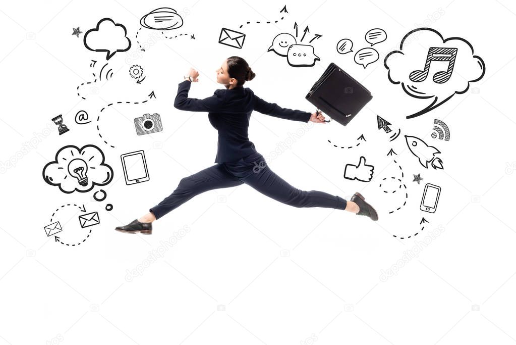 side view of young businesswoman jumping with briefcase near illustration with multimedia icons and pictograms isolated on white