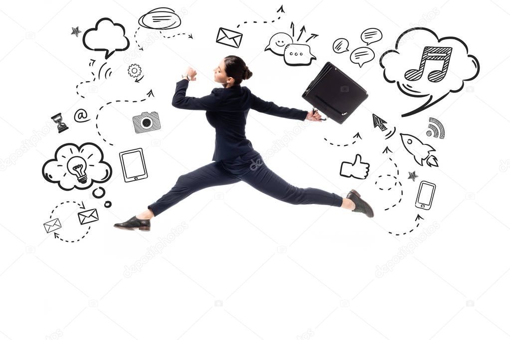 Side view of young businesswoman jumping with briefcase near illustration with multimedia icons and pictograms isolated on white