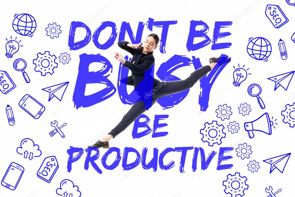 young businesswoman talking on smartphone while levitating on background with dont be busy be productive lettering, and multimedia icons isolated on white