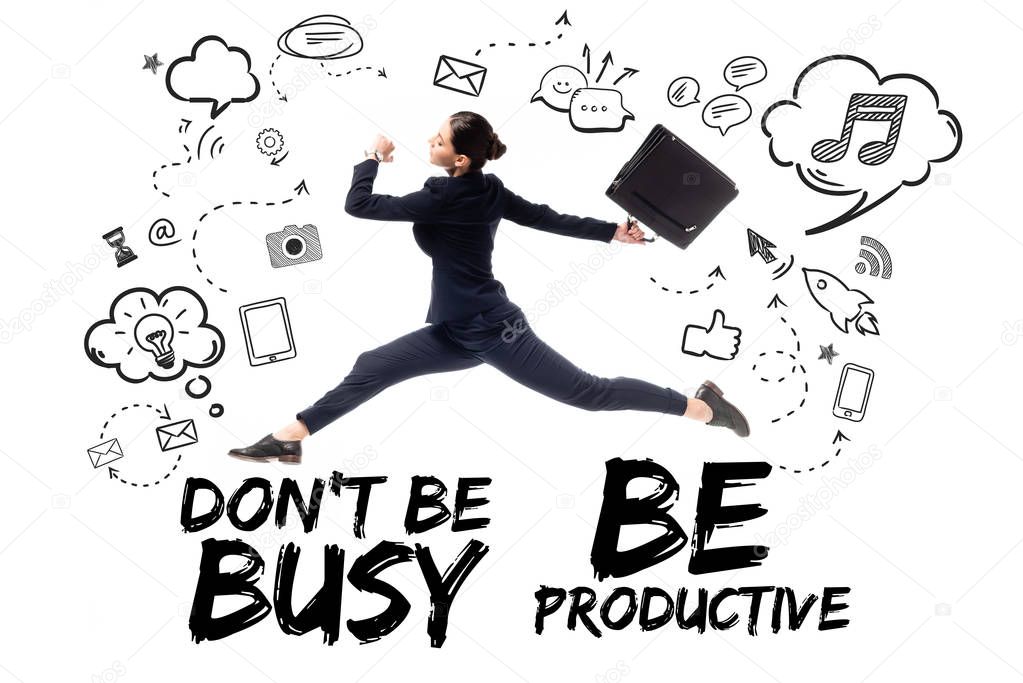 young businesswoman with briefcase levitating on background with dont be busy be productive lettering, and multimedia icons and symbols isolated on white