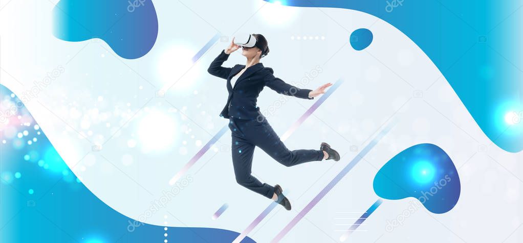 young businesswoman in virtual reality headset levitating on grey background with blue and white abstract cyberspace illustration