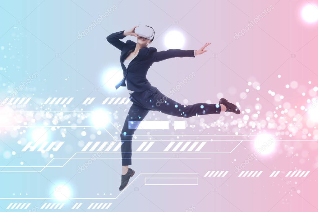 businesswoman in virtual reality headset levitating on blue and pink gradient background with cyberspace illustration