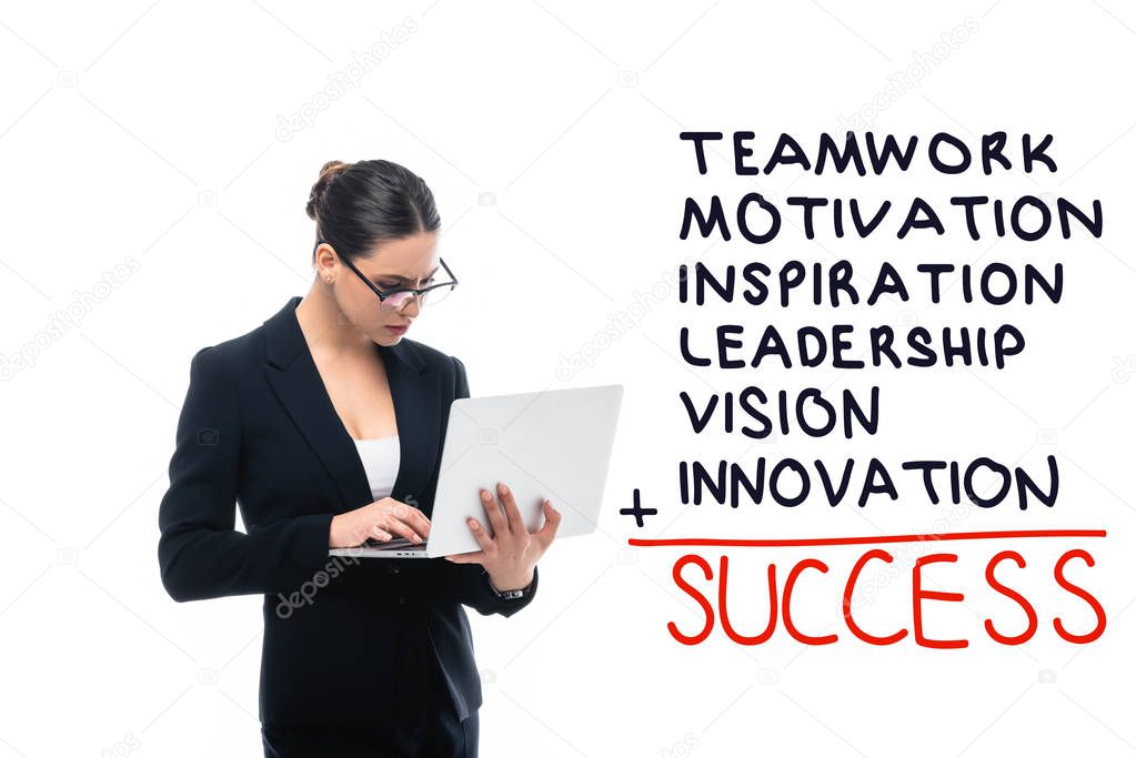 attentive businesswoman using laptop near teamwork, motivation, inspiration, leadership, vision, innovation, success inscription isolated on white
