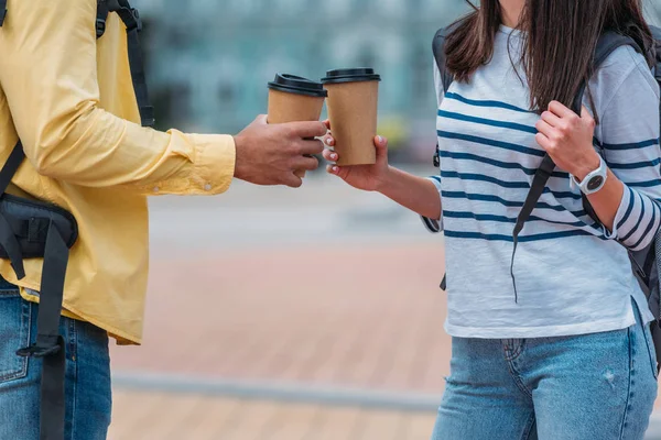 Cropped View Facial Man Woman Backpack Holding Paper Cups Coffee — Stock Photo, Image