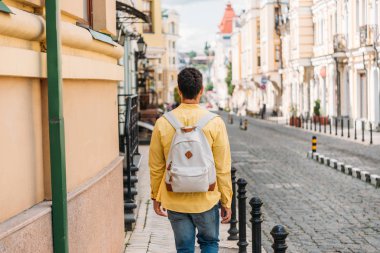 back view of bi-racial man walking on street in city  clipart