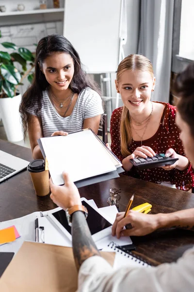 Selective Focus Student Giving Clipboard His Racial Friend — Stock Photo, Image