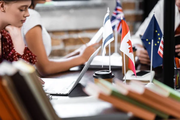 Selective Focus Attractive Student Using Laptop Apartment — Stock Photo, Image