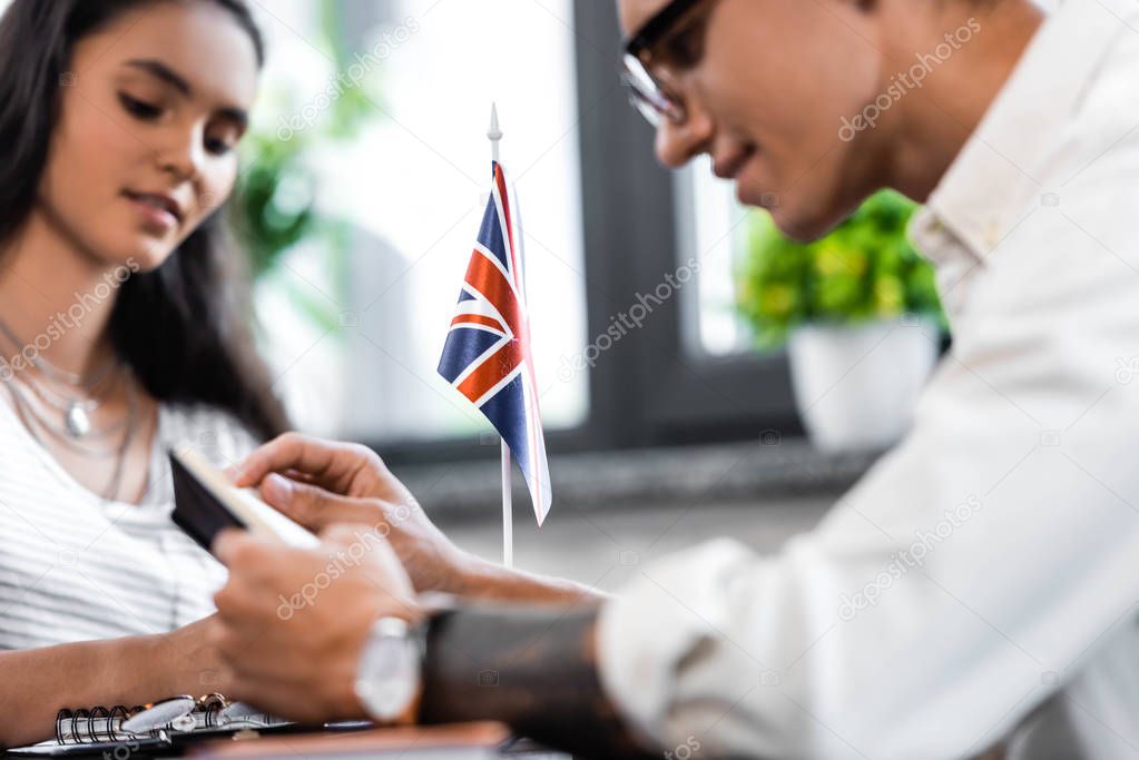 selective focus of national Great Britain flag in apartment 