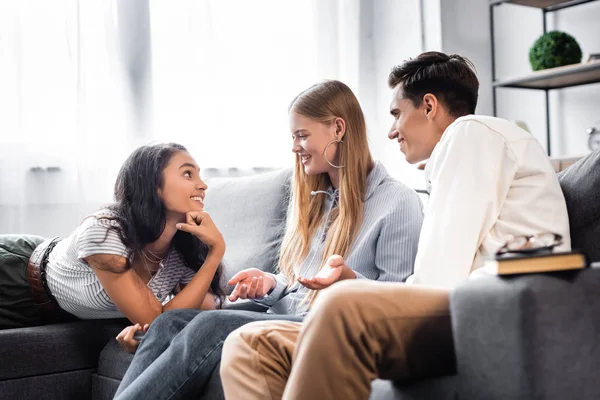 Handsome Attractive Multicultural Friends Smiling Talking Apartment — Stock Photo, Image
