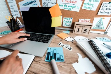 selective focus of woman near laptop with blank screen and sticky notes on notice board clipart