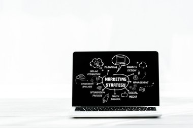 laptop with marketing strategy lettering on screen on white  clipart