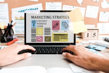 cropped view of woman using laptop with marketing strategy lettering on screen near sticky notes  clipart