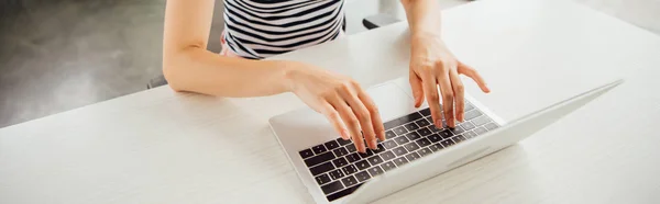 Panoramic Shot Girl Striped Shirt Using Laptop Home — Stock Photo, Image