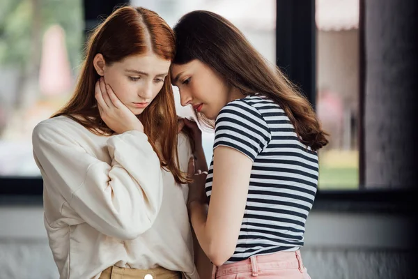 Two Sad Friends Casual Outfits Looking — Stock Photo, Image