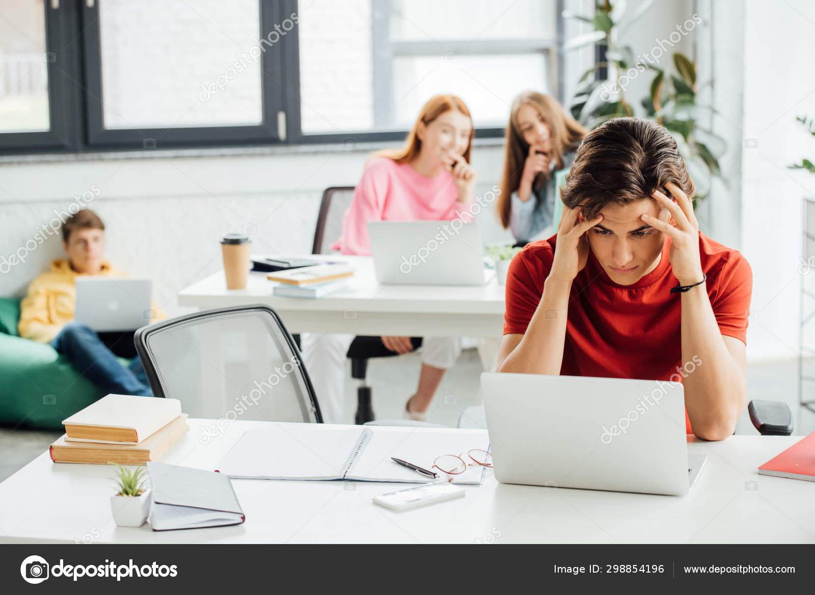 Schoolchildren Sitting Desks Using Laptops School Stock Photo