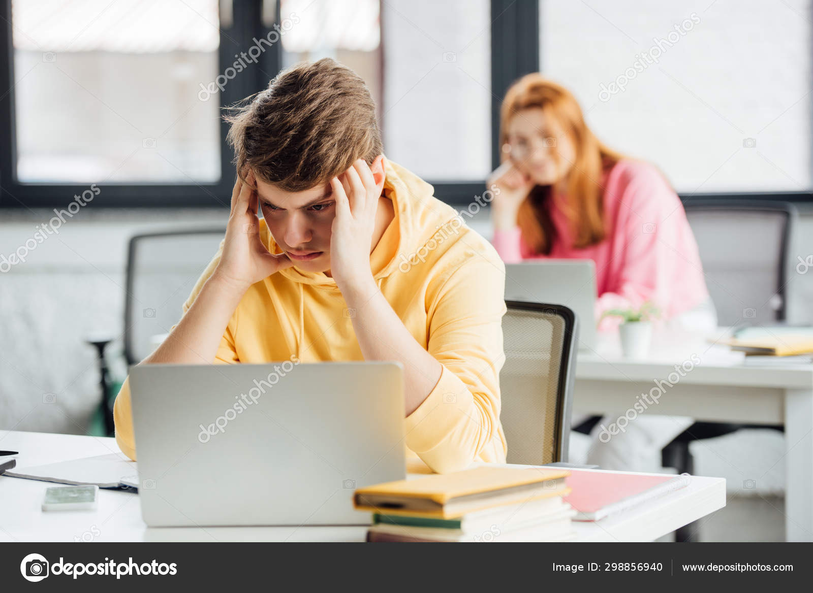 Pensive Schoolchildren Sitting Desks Laptops School Stock Photo