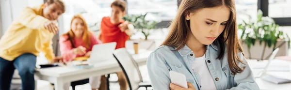 Panoramic Shot Laughing Schoolchildren Bullying Girl School — Stock Photo, Image