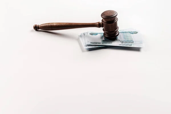 Wooden Gavel Russian Money White Copy Space — Stock Photo, Image