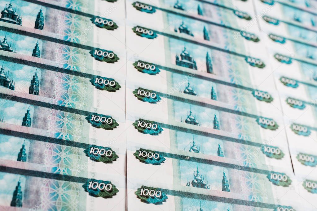 selective focus of russian paper money in cash 
