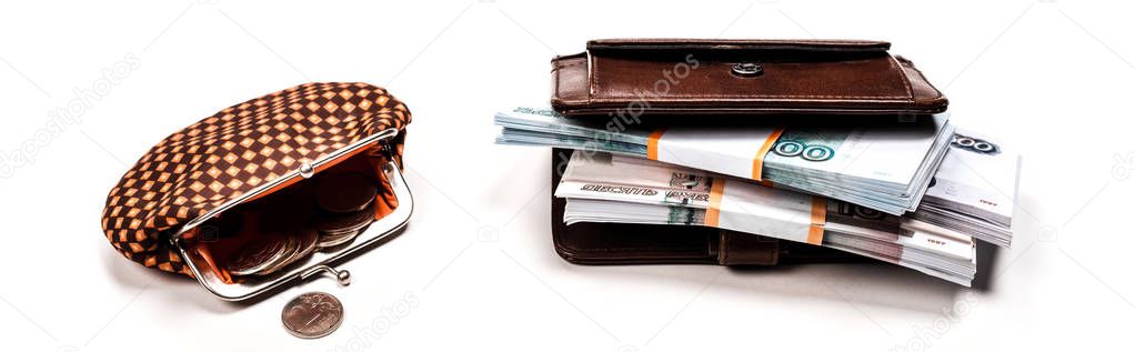 panoramic shot of vintage plaid and leather wallets with coins near russian money on white 
