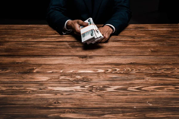 Overhead View Man Holding Russian Money Desk — стокове фото