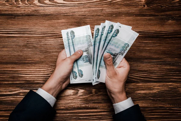 Top View Man Counting Russian Money Table — Stock Photo, Image