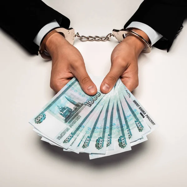 Cropped View Businessman Handcuffs Holding Russian Money White — Stock Photo, Image