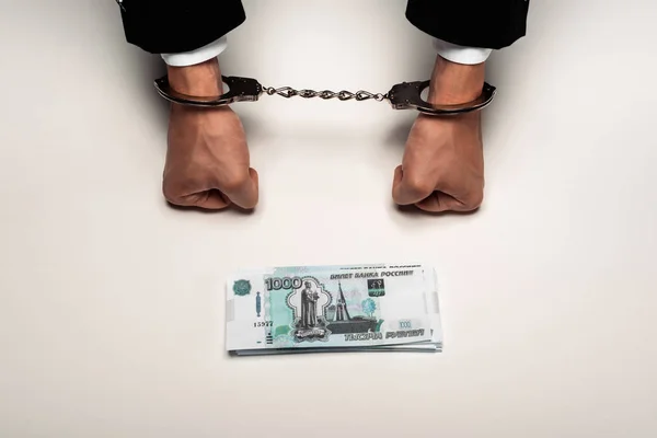 Top View Businessman Handcuffs Russian Money White — Stock Photo, Image