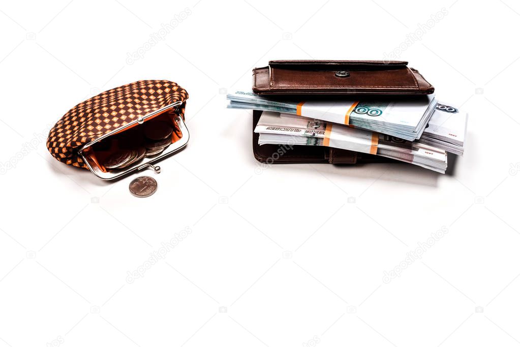 vintage plaid and leather wallets with coins near russian money on white 