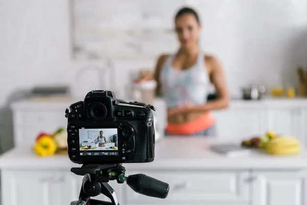 Selective Focus Digital Camera Happy Woman Gesturing Blender Screen — Stock Photo, Image